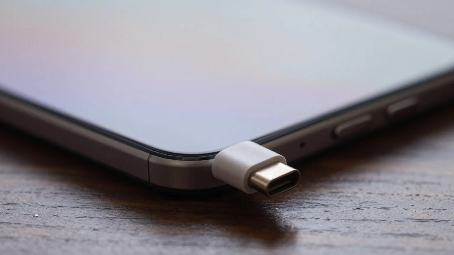 Nahaufnahme eines USB-C-Steckers vor der Ladebuchse eines Smartphones