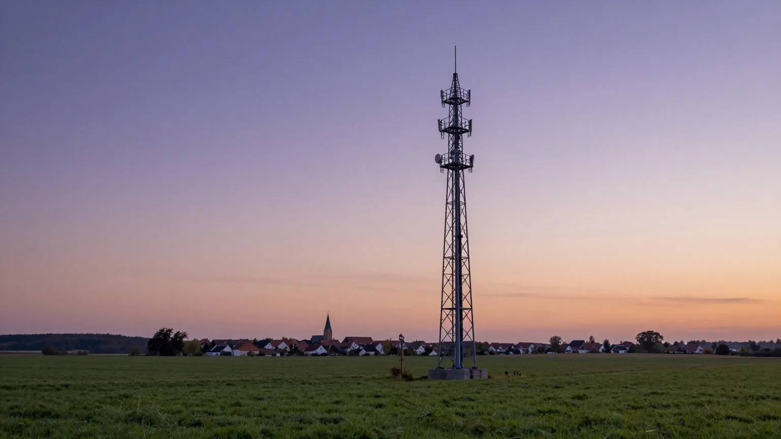 Mobilfunkmast auf einem Feld in der Abenddämmerung, dahinter ein violett-oranger Himmel