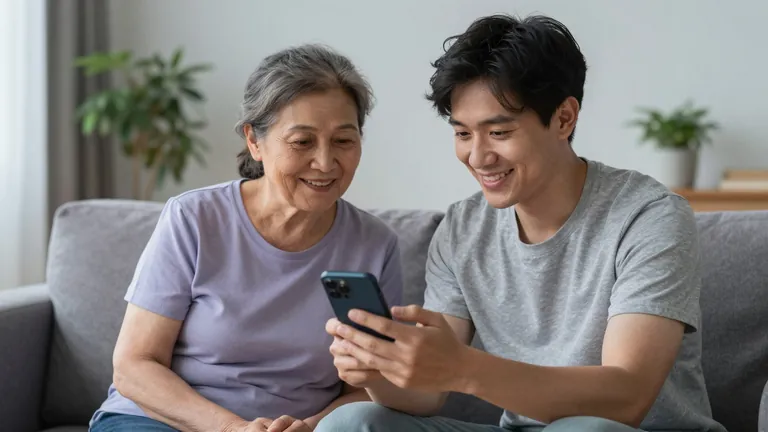 Ältere Frau und junger Mann sitzen auf einem Sofa und schauen gemeinsam auf ein Smartphone, von hinten gesehen