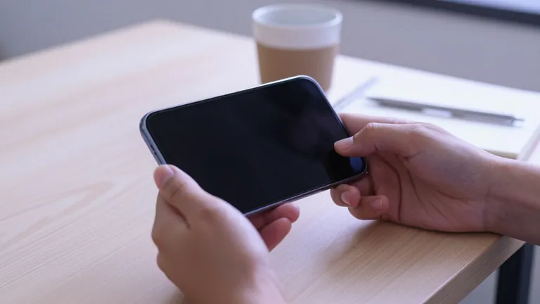 Person am Küchentisch hält ein Smartphone mit der Rückseite zur Kamera, daneben Kaffeetasse und Notizblock