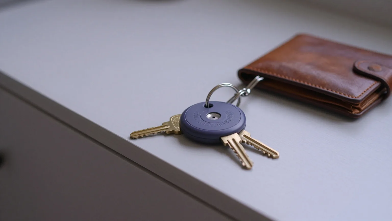 Kleiner runder Tracker an einem Schlüsselbund mit Hausschlüsseln auf einer Flurkommode neben einer Lederbörse im Morgenlicht