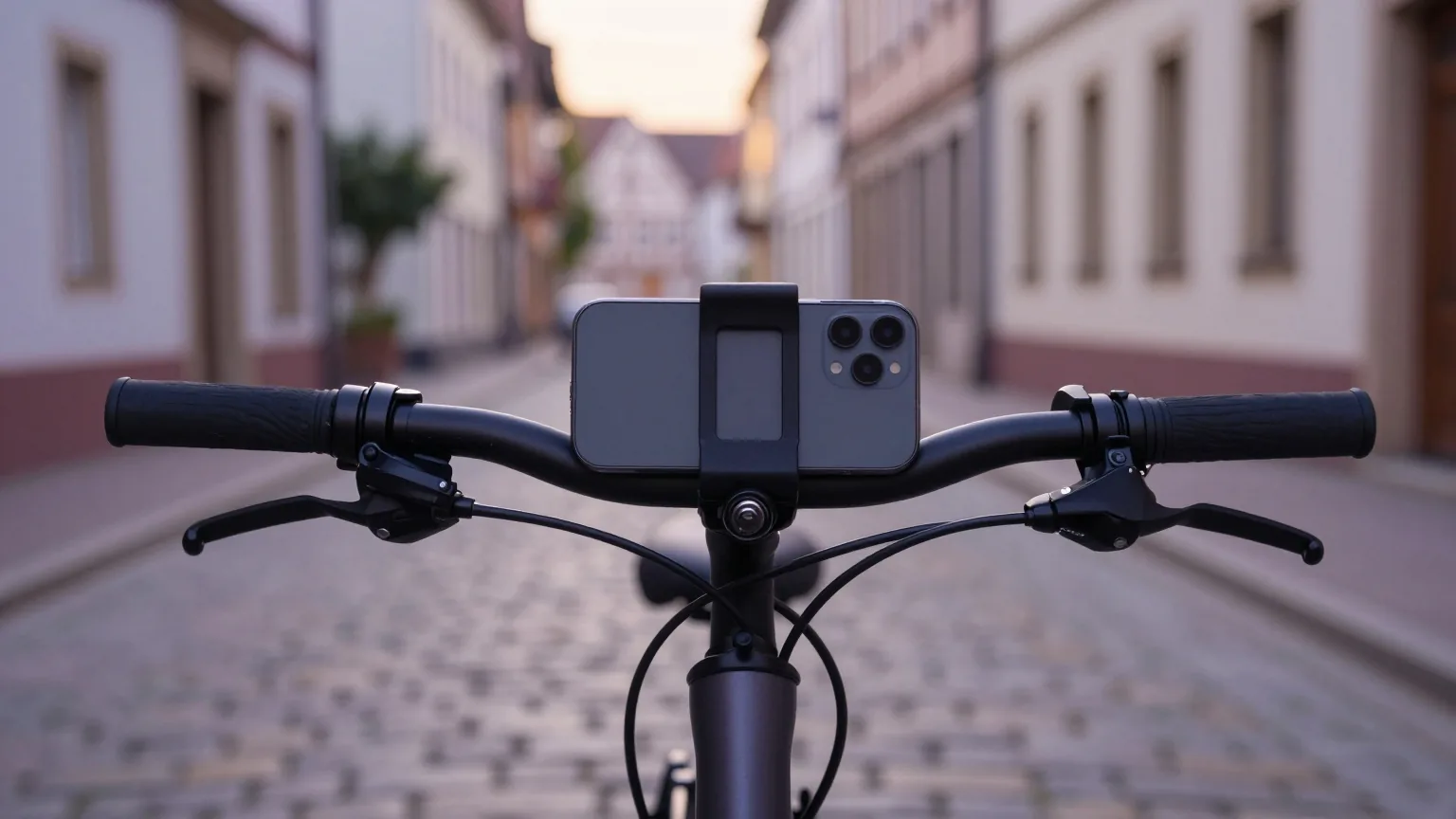 Smartphone in schwarzer Lenkerhalterung an einem Stadtrad, von vorn nur Rückseite und Kamera sichtbar, dahinter eine Altstadtgasse