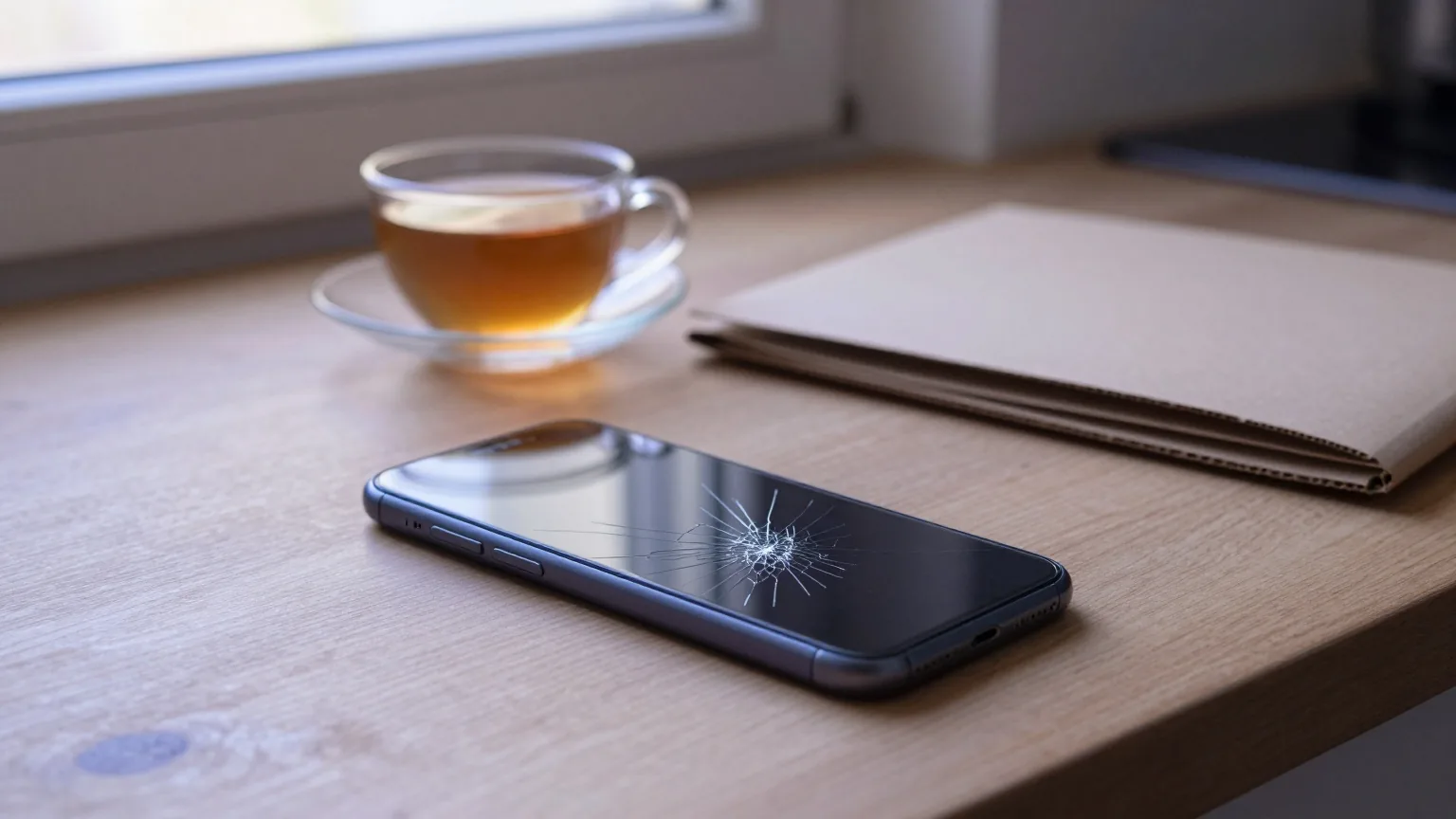 Smartphone mit gesprungener Glasrückseite liegt auf einem Küchentisch aus Holz neben einer Teetasse und einer geschlossenen Mappe