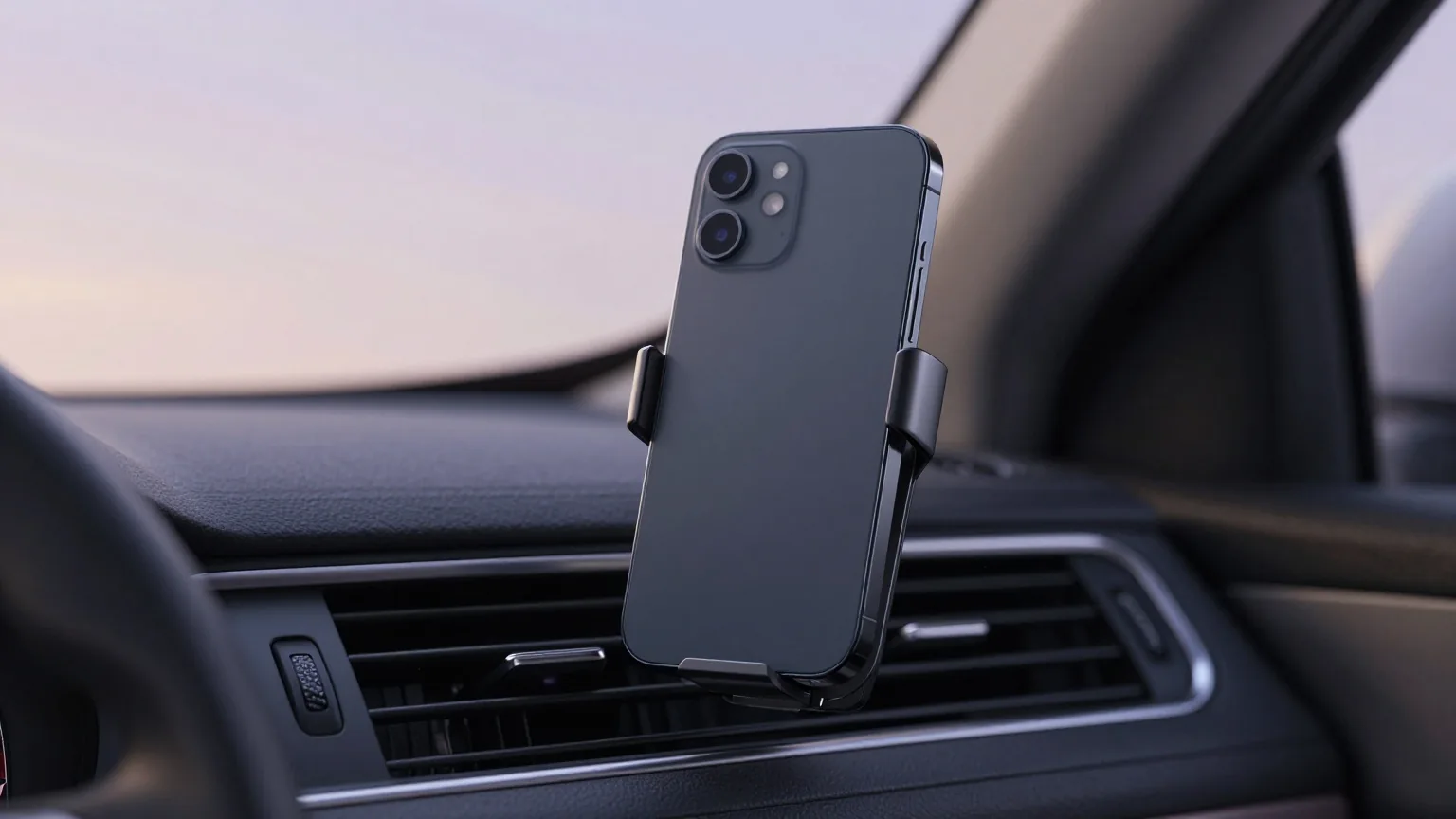 Magnetische Handyhalterung am Lüftungsgitter eines Autos, das Smartphone zeigt nur Rückseite und Kamera, Abendlicht durchs Seitenfenster