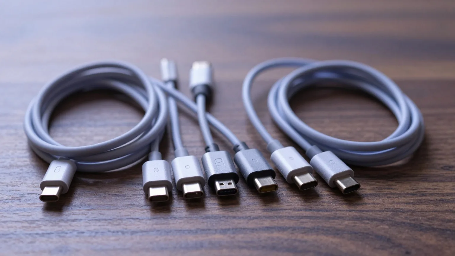 Mehrere aufgerollte USB-C-Kabel unterschiedlicher Dicke und Farbe liegen nebeneinander auf einem dunklen Nussbaumbrett