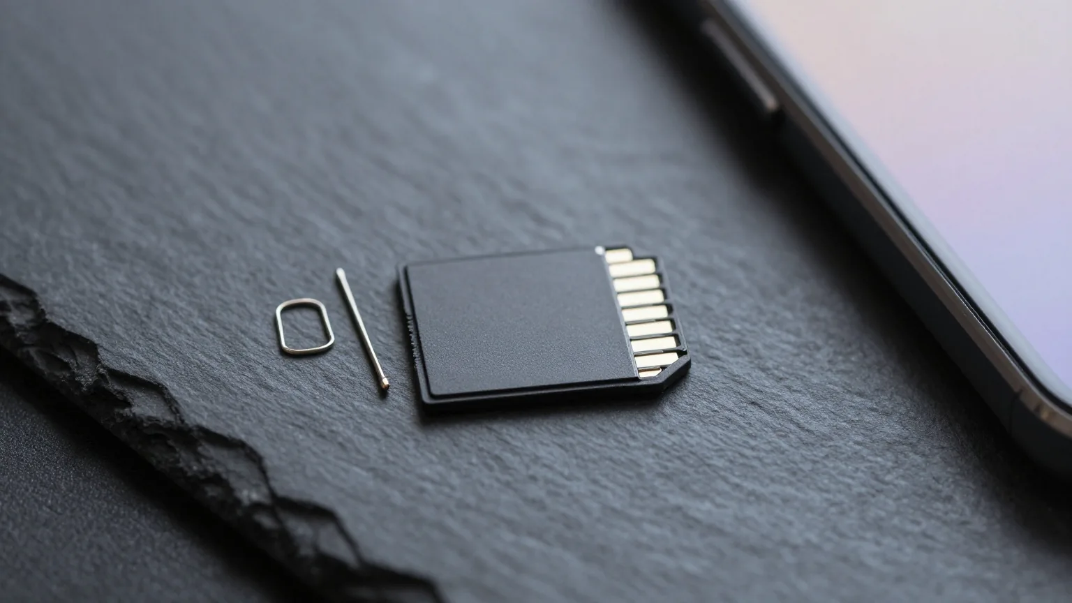 Ausgeworfener Kartenschlitten mit einer kleinen schwarzen Speicherkarte neben einem umgedrehten Smartphone auf dunklem Schiefer