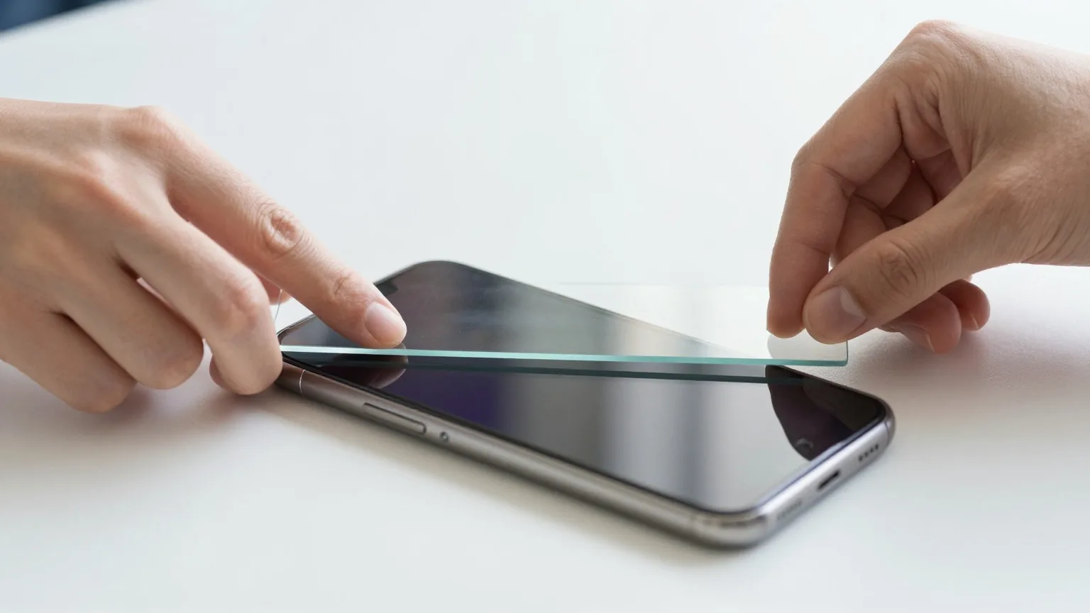 Zwei Hände legen eine dünne Schutzglasscheibe auf ein ausgeschaltetes Smartphone auf einem weißen Schreibtisch