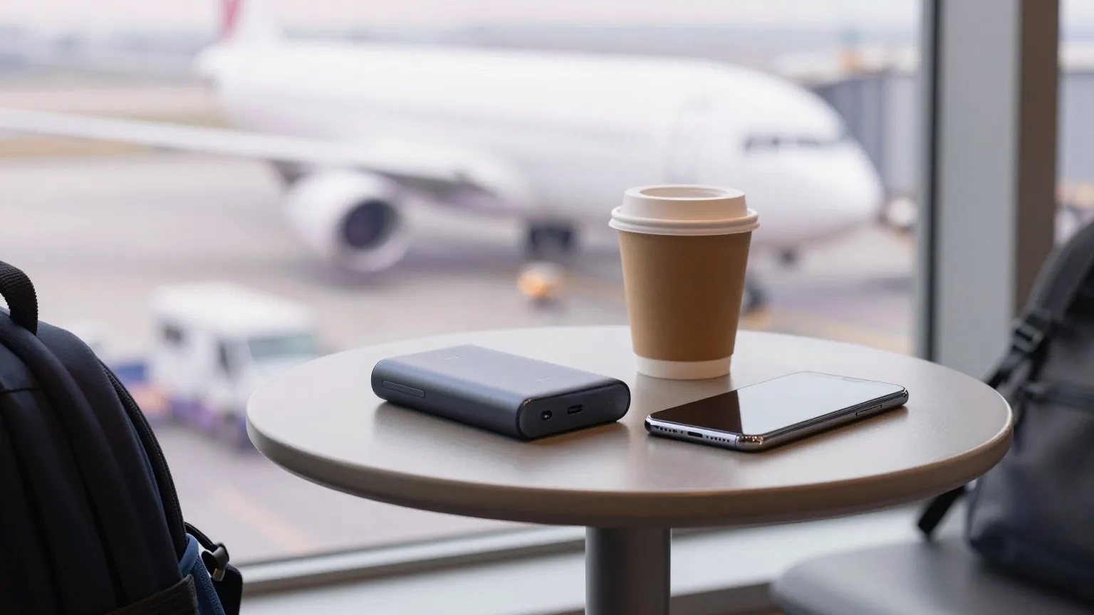 Powerbank und Smartphone auf einem Bistrotisch am Flughafen-Gate, daneben ein Kaffeebecher, im Hintergrund unscharf ein Flugzeug
