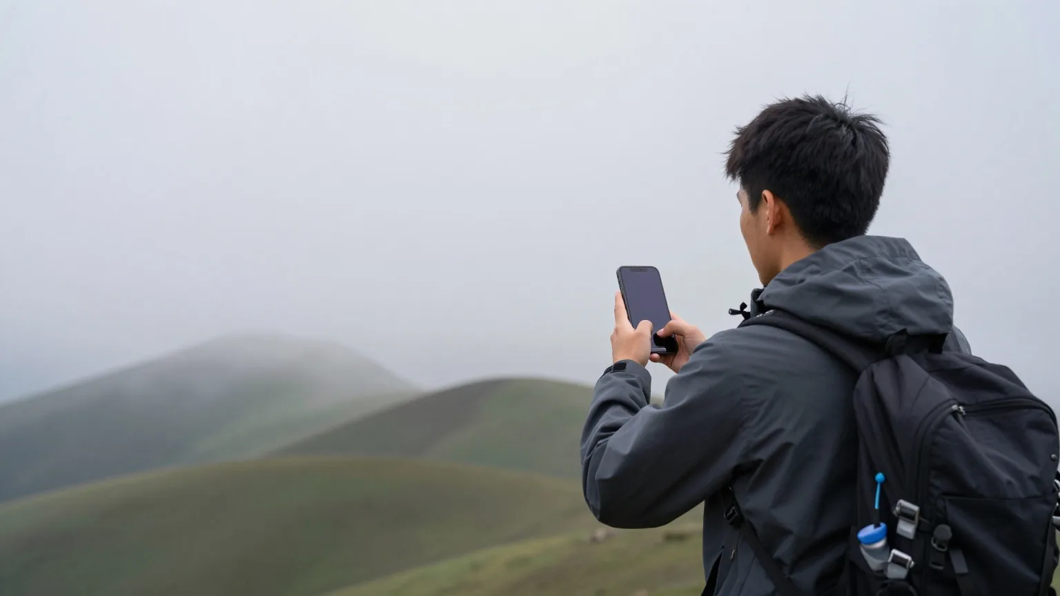 Wanderer hält, von hinten gesehen, ein Smartphone auf einer abgelegenen Bergwiese in den bewölkten Himmel