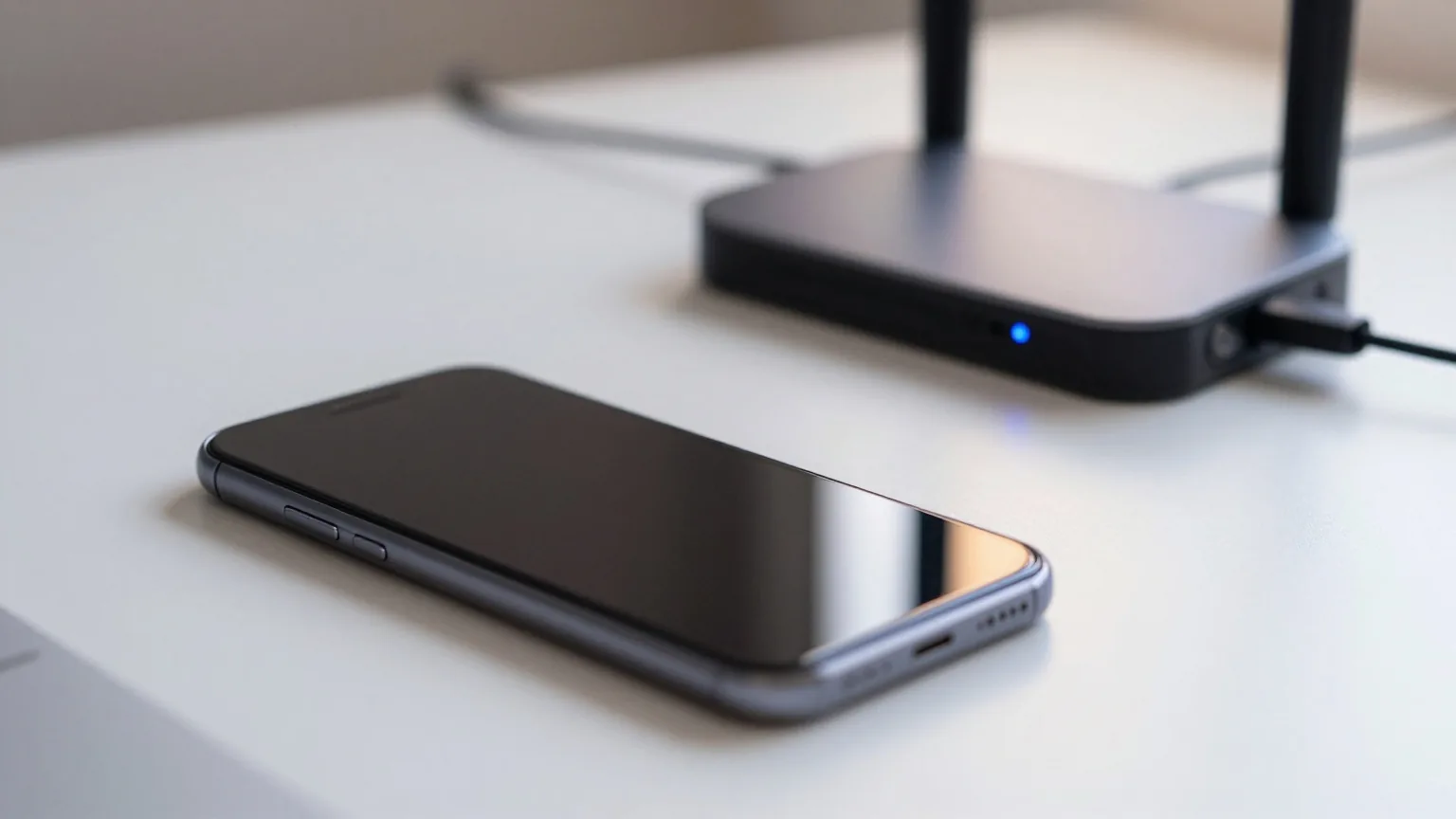 Smartphone mit dem Display nach unten neben einem kleinen mobilen WLAN-Router mit blauer Leuchte und einem USB-C-Kabel