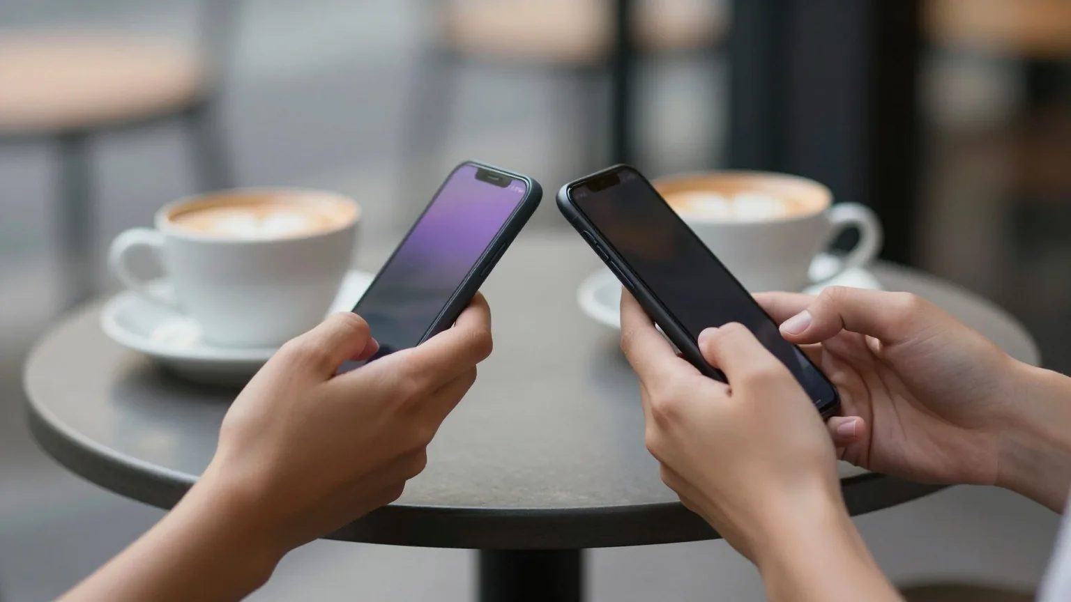 Zwei Hände halten Smartphones über einem Cafétisch Rücken an Rücken, als würden sie Kontaktdaten austauschen