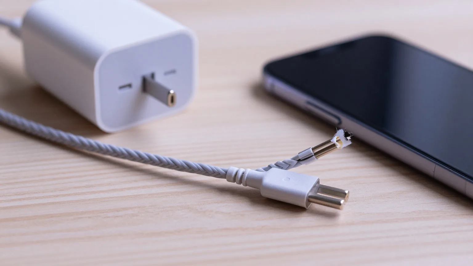Ausgefranstes, geknicktes Ladekabel neben einem weißen Netzteil und einem umgedrehten Smartphone auf einem Holztisch