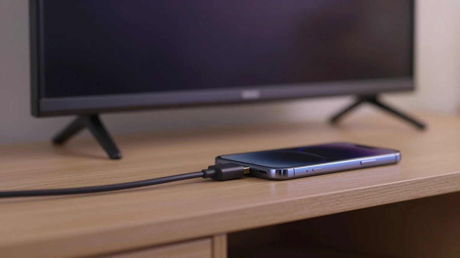 HDMI-Kabel mit kleinem USB-C-Adapter an einem umgedrehten Smartphone auf einem TV-Möbel, dahinter ein ausgeschalteter Fernseher