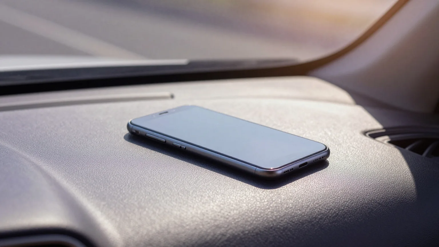Smartphone liegt mit dem Display nach unten in praller Mittagssonne auf dem Armaturenbrett unter der Windschutzscheibe