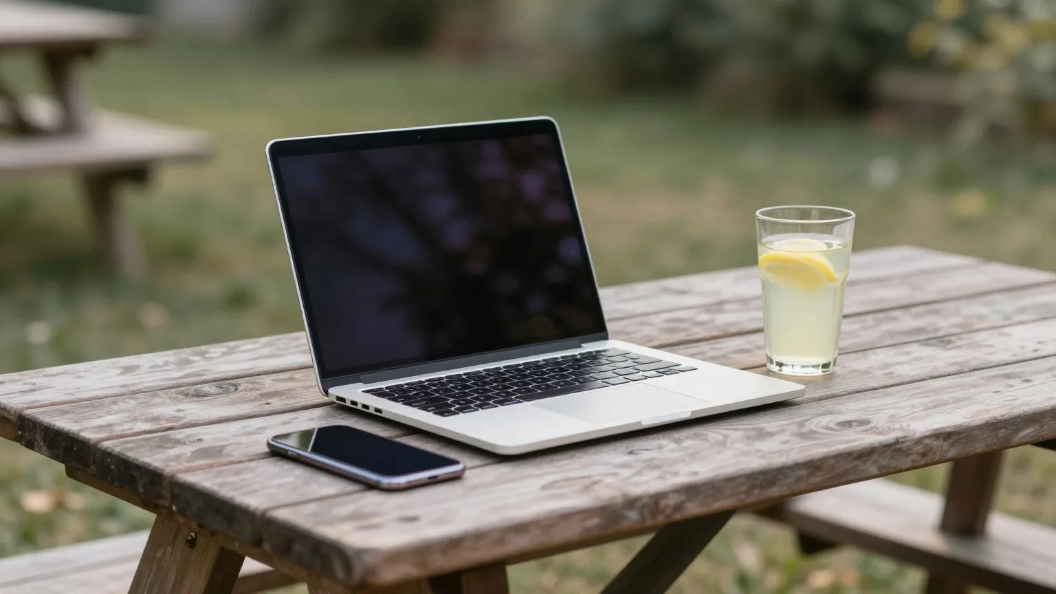 Aufgeklappter Laptop von hinten auf einem Gartentisch, daneben ein Smartphone mit dem Display nach unten
