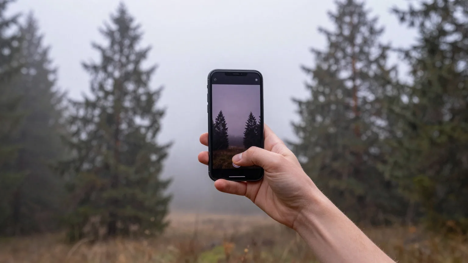 Hand hält ein Smartphone von hinten gesehen in einer nebligen Waldlichtung in die Höhe