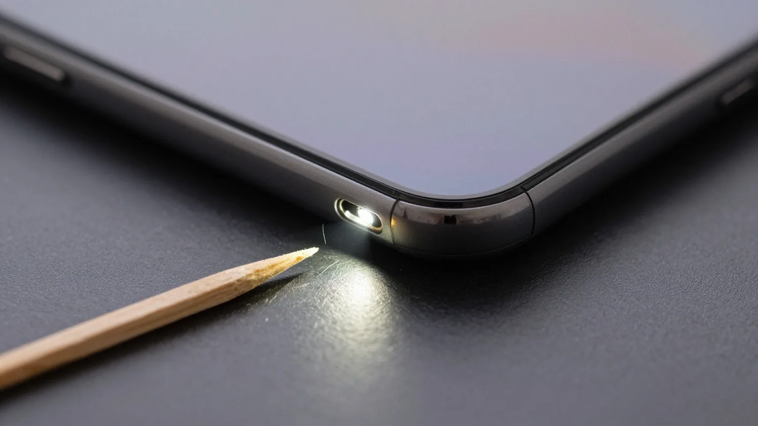 Nahaufnahme der Ladebuchse eines Smartphones im Licht einer Taschenlampe, daneben ein Zahnstocher aus Holz