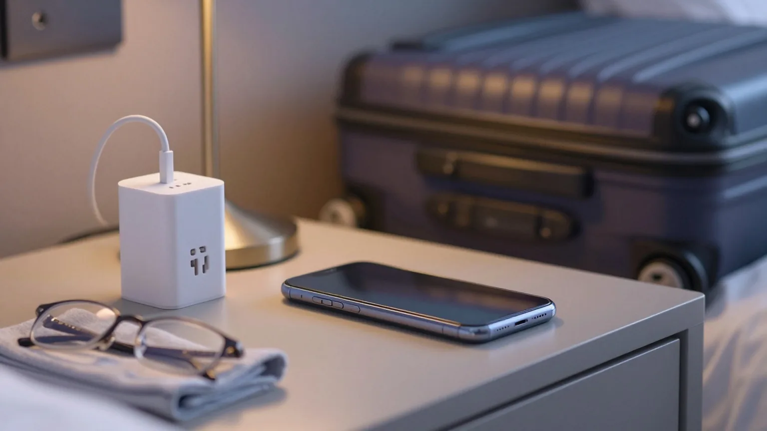 Smartphone liegt mit dem Display nach unten auf einem Hotelnachttisch neben Reiseadapter und Brille