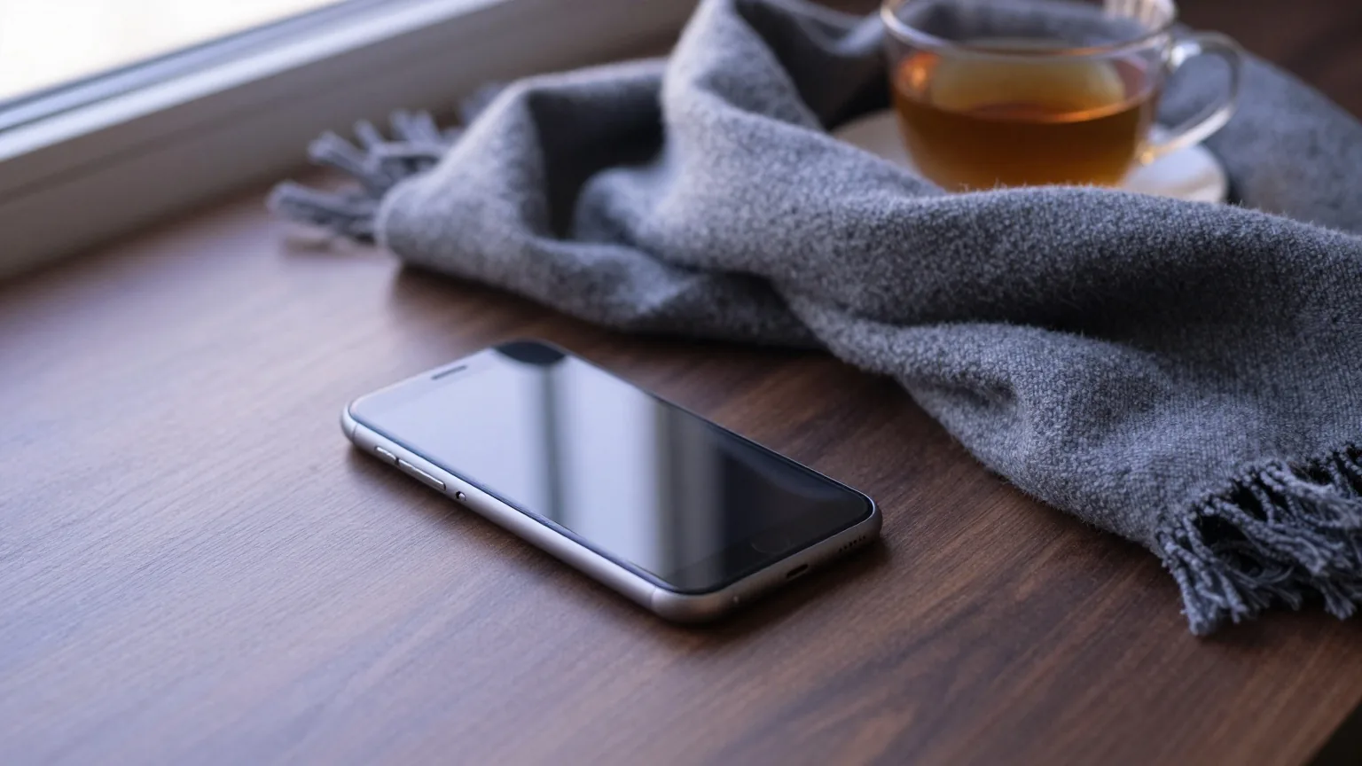 Smartphone liegt mit dem Display nach unten auf einem dunklen Holztisch, halb verdeckt von einem gefalteten grauen Schal
