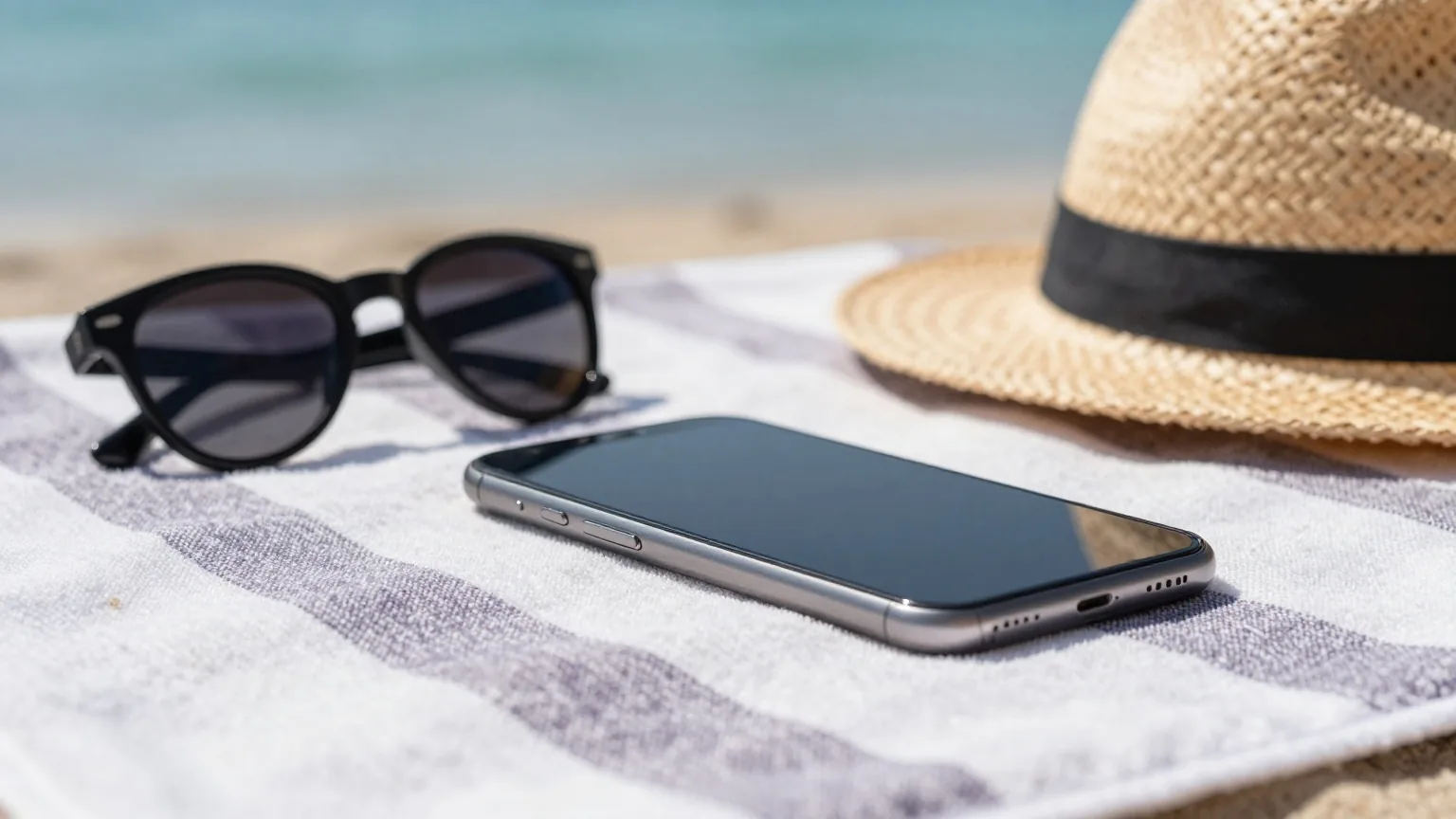 Smartphone liegt mit dem Display nach unten auf einem gestreiften Strandtuch neben Sonnenbrille und Strohhut