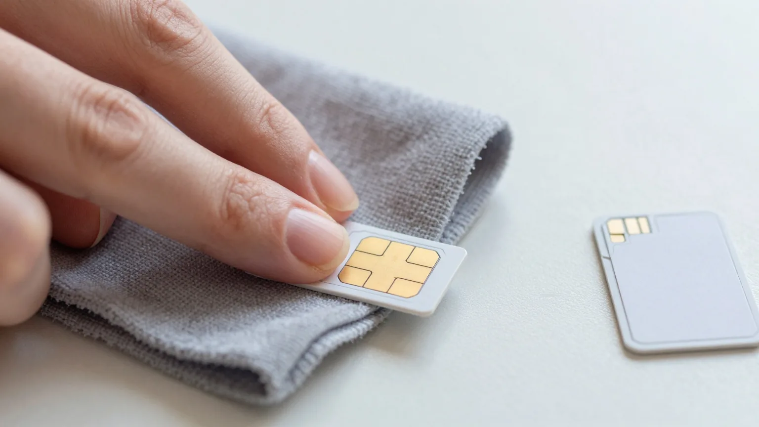 Finger wischen mit einem grauen Mikrofasertuch über die goldenen Kontakte einer unbedruckten SIM-Karte, daneben ein leeres SIM-Fach