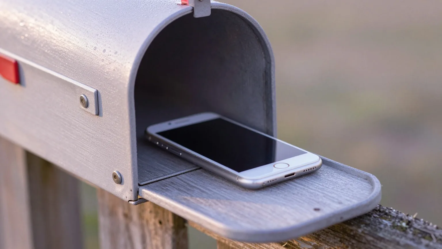 Smartphone liegt mit dem Display nach unten in einem offenen, leeren Holzbriefkasten an einem Gartenzaun