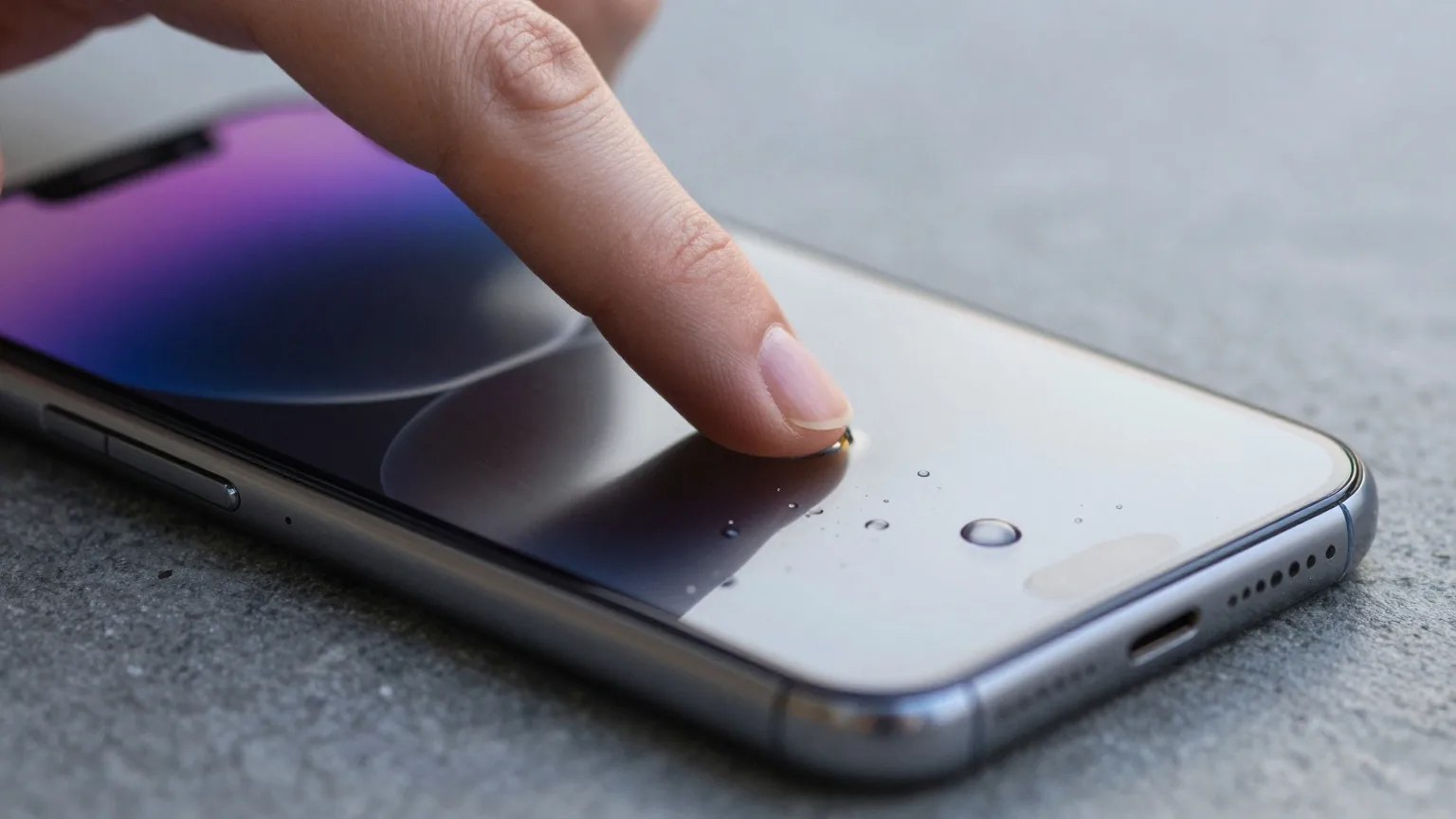 Fingerspitze berührt das dunkle, ausgeschaltete Display eines Smartphones, auf dem Wassertropfen liegen