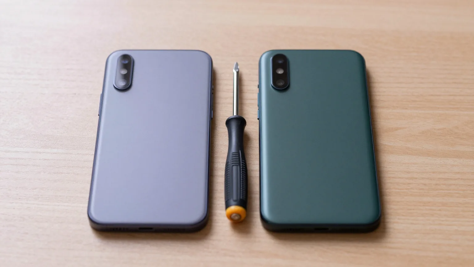 Zwei unterschiedlich große Smartphones mit der Rückseite nach oben auf einem Holztisch, dazwischen ein Schraubendreher