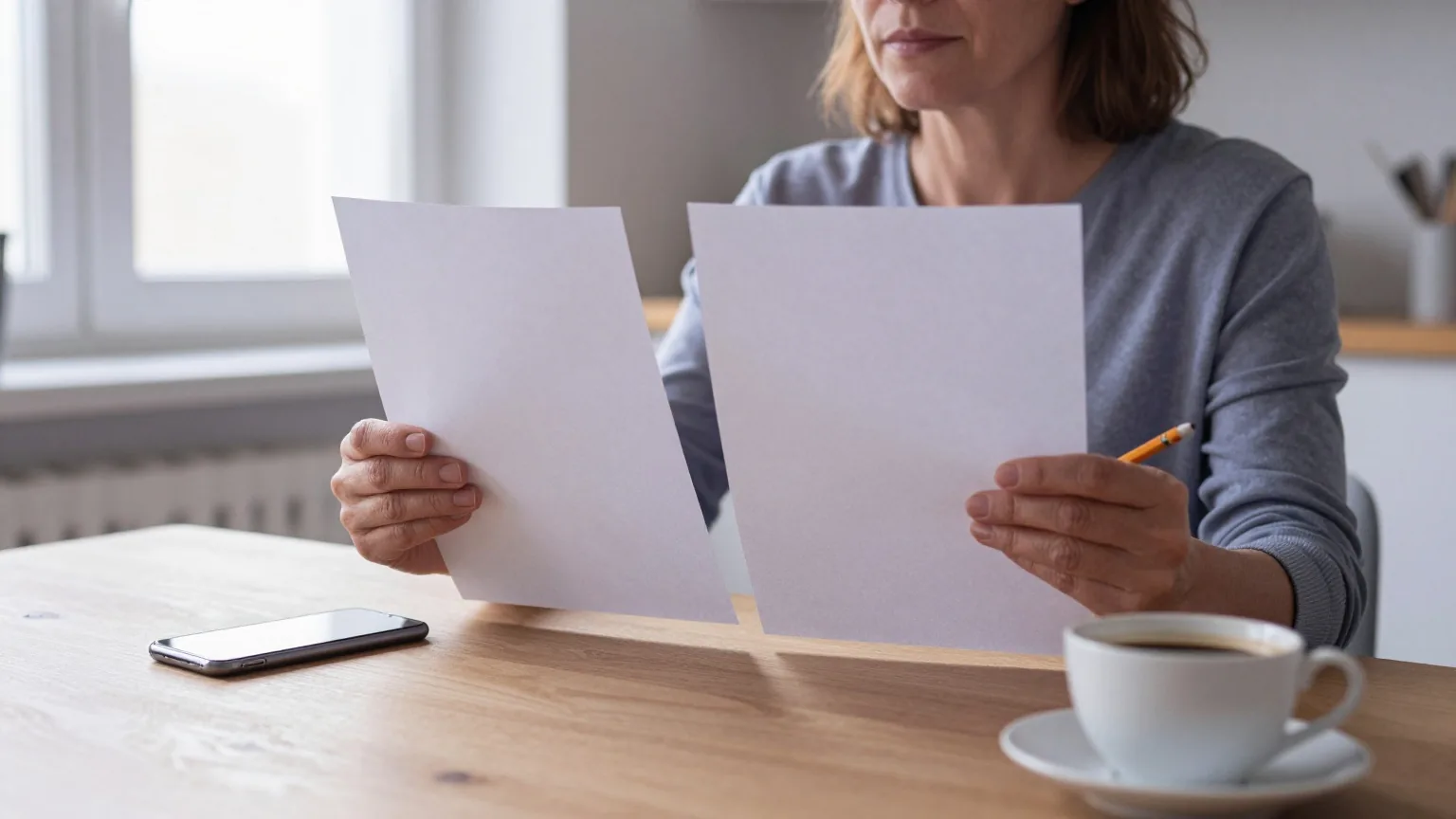 Frau am Küchentisch vergleicht zwei Blätter Papier mit einem Bleistift, daneben ein umgedrehtes Smartphone und eine Tasse