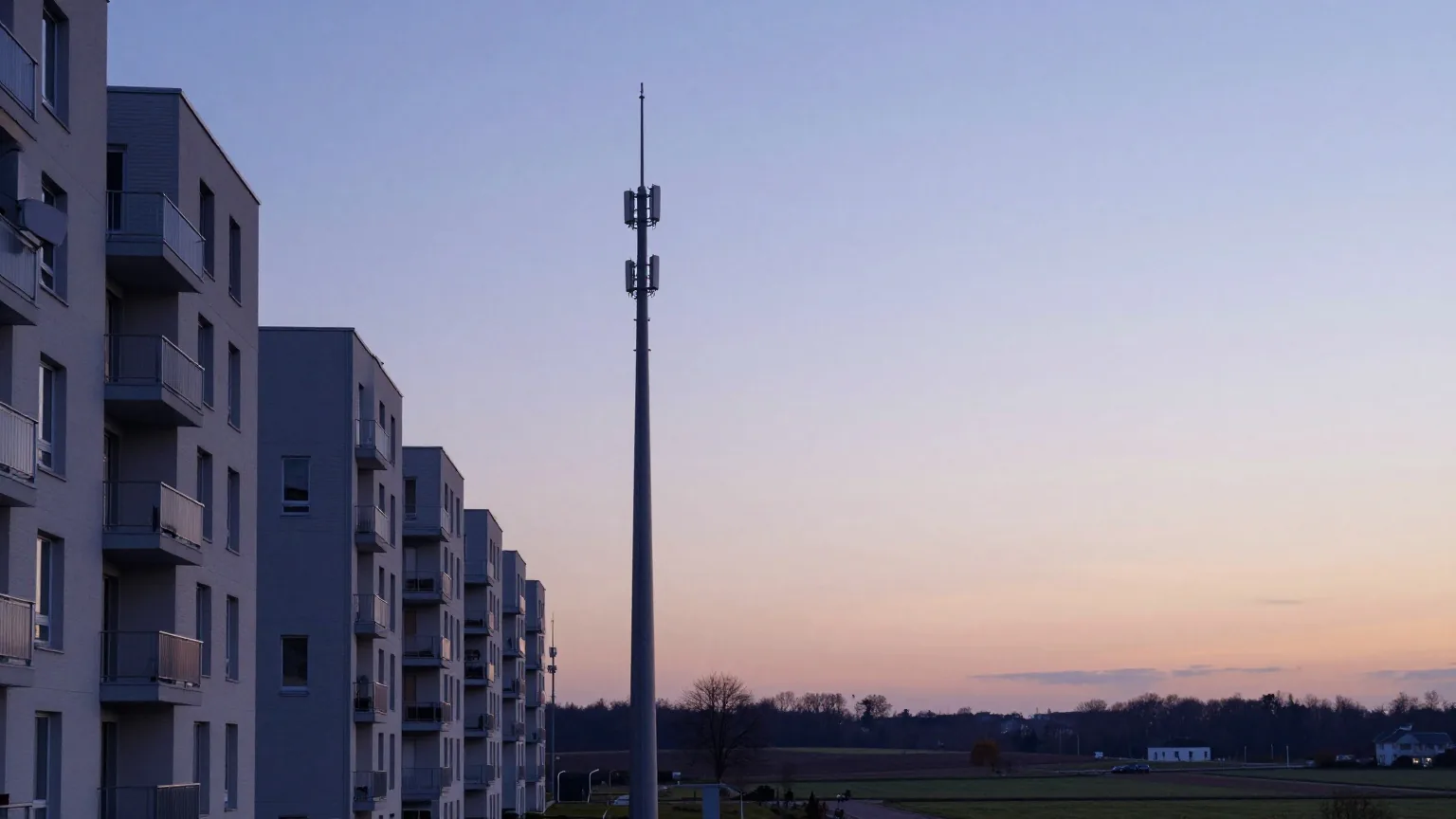 Stadtrand in der Dämmerung: links die letzten Wohnblocks, in der Mitte ein schlanker neuer Mast, rechts weite Felder bis zum Horizont