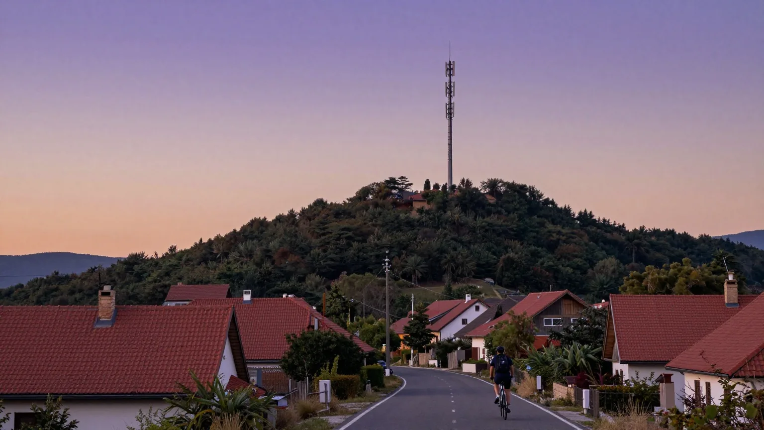 Landstraße führt von einem Dorf zu einem bewaldeten Hügel mit Mobilfunkmast, ein Radfahrer fährt in der Abenddämmerung davon