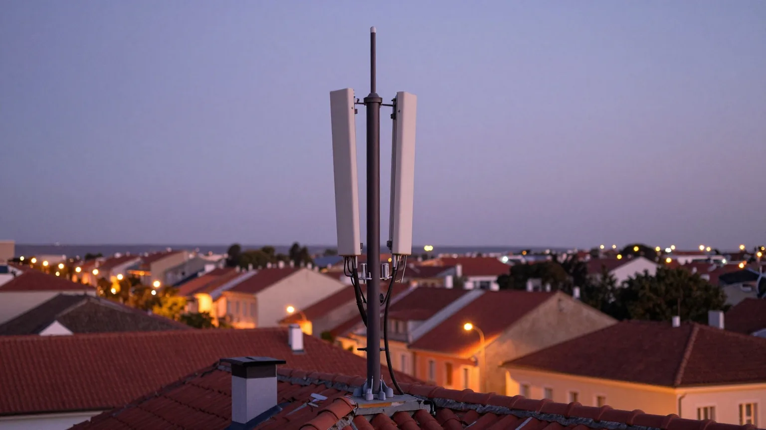 Mobilfunkantennen auf einem Hausdach über einer Stadt mit roten Ziegeldächern zur blauen Stunde