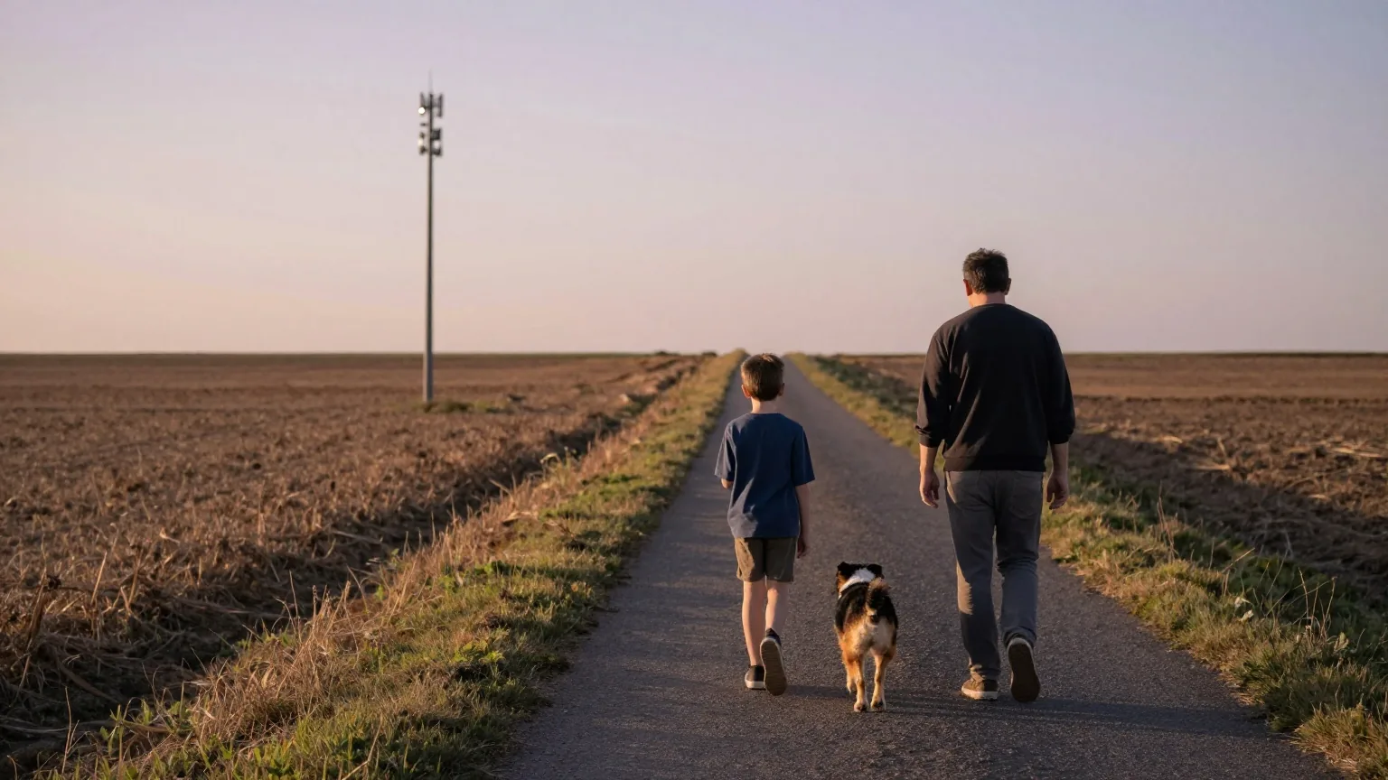 Familie mit Hund geht von hinten gesehen auf einem Feldweg, in der Ferne steht ein Mobilfunkmast im Abendlicht