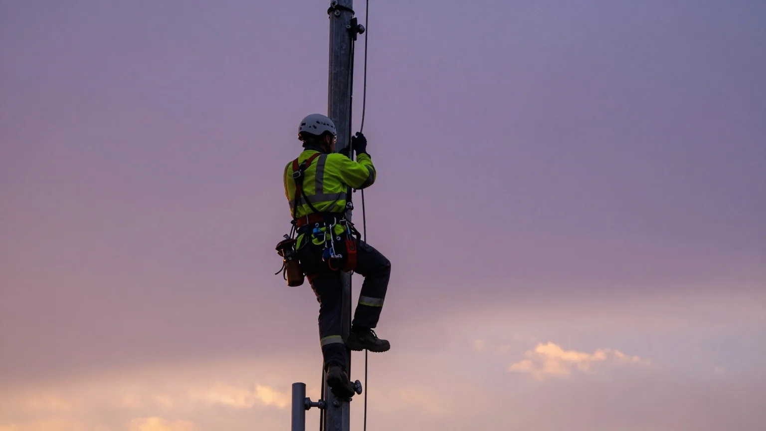 Techniker mit Sicherungsgurt klettert in der Dämmerung an einem Mobilfunkmast hinauf, von unten fotografiert