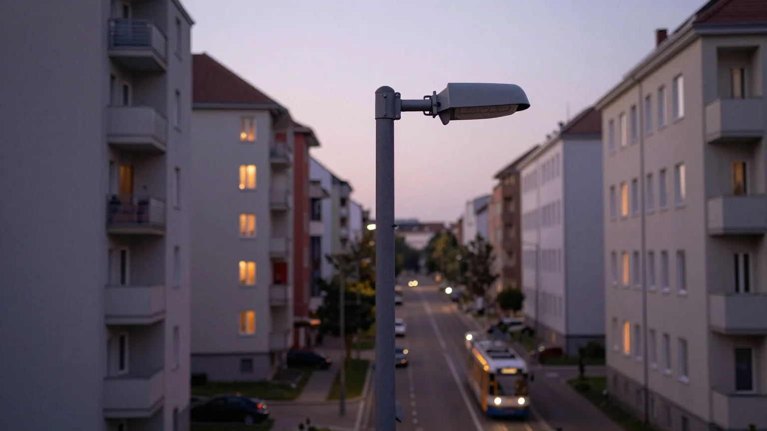 Ruhige Straße mit hohen Altbauten in einer Großstadt zur blauen Stunde, an einem Laternenmast hängt eine kleine graue Antenneneinheit