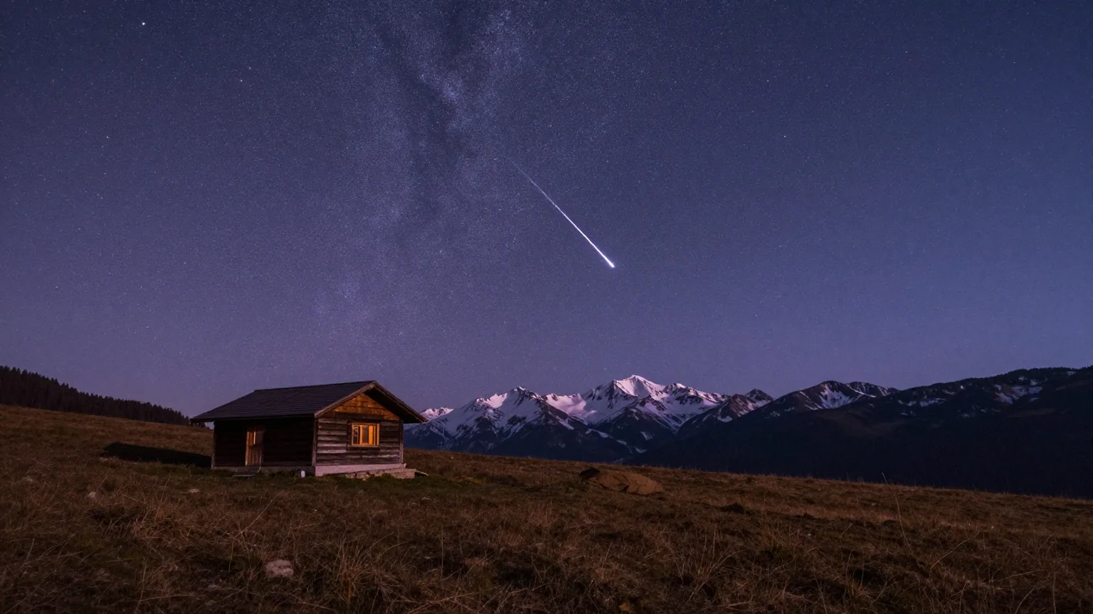 Sternenhimmel über einer Alpenwiese mit kleiner Berghütte, ein Satellit zieht eine helle Spur über den Himmel