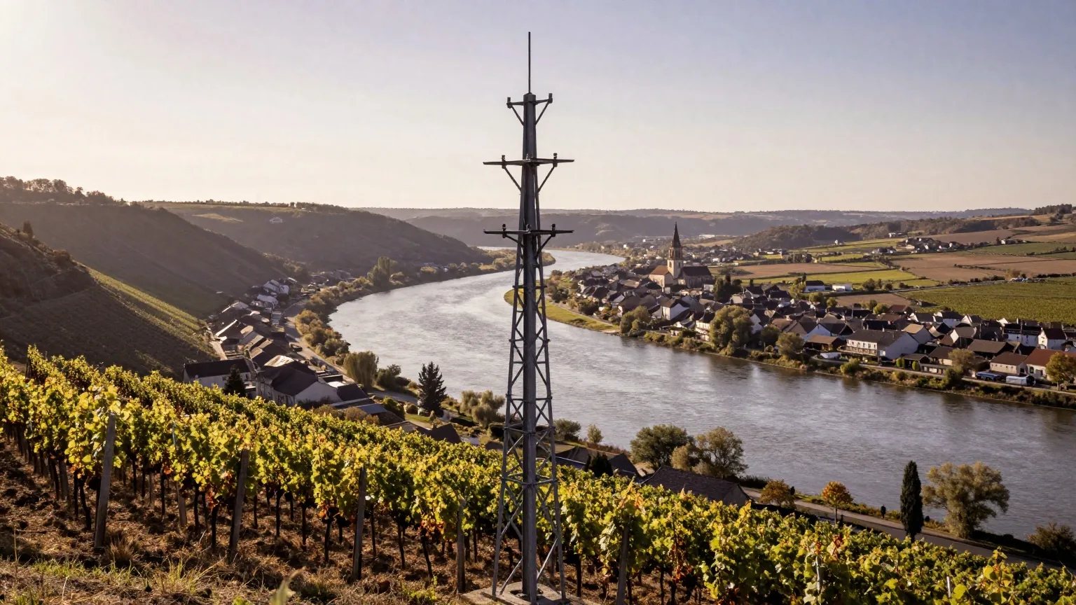 Gittermast zwischen Rebzeilen an einem steilen Hang über einer Flussschleife, unten ein kleines Dorf im Nachmittagslicht