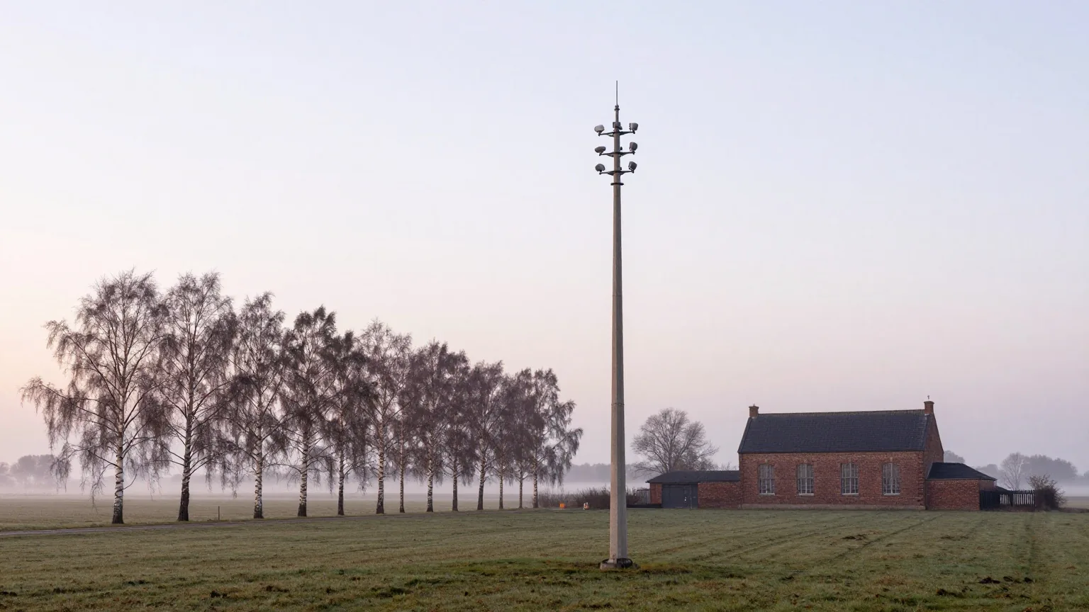 Schlanker Betonmast neben einem alten Backstein-Bauernhof in der norddeutschen Tiefebene, Birkenreihe und Morgennebel über den Wiesen