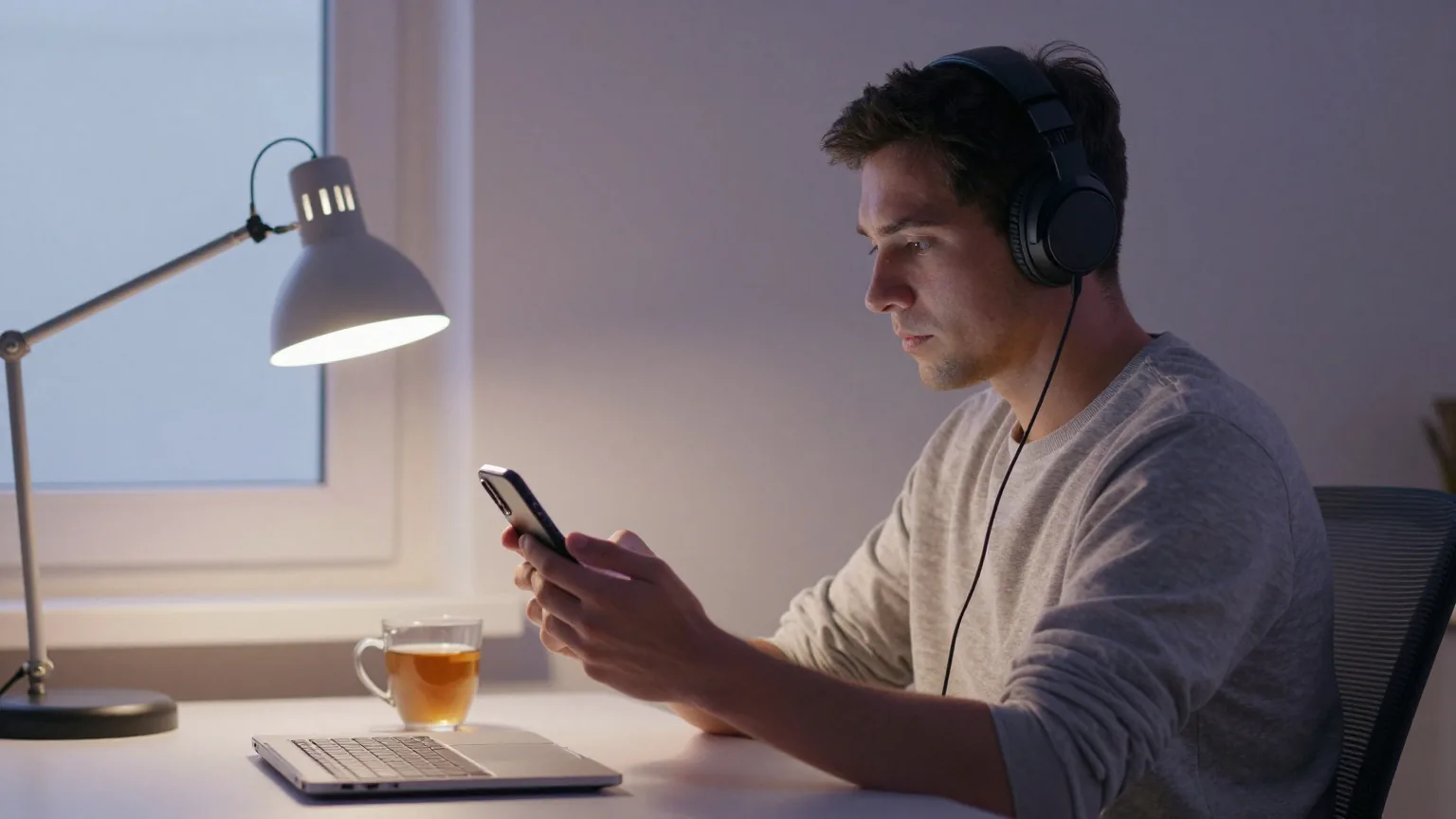 Mann mit Kopfhörern sitzt abends am Schreibtisch am Fenster und hält ein Smartphone quer, als würde er spielen