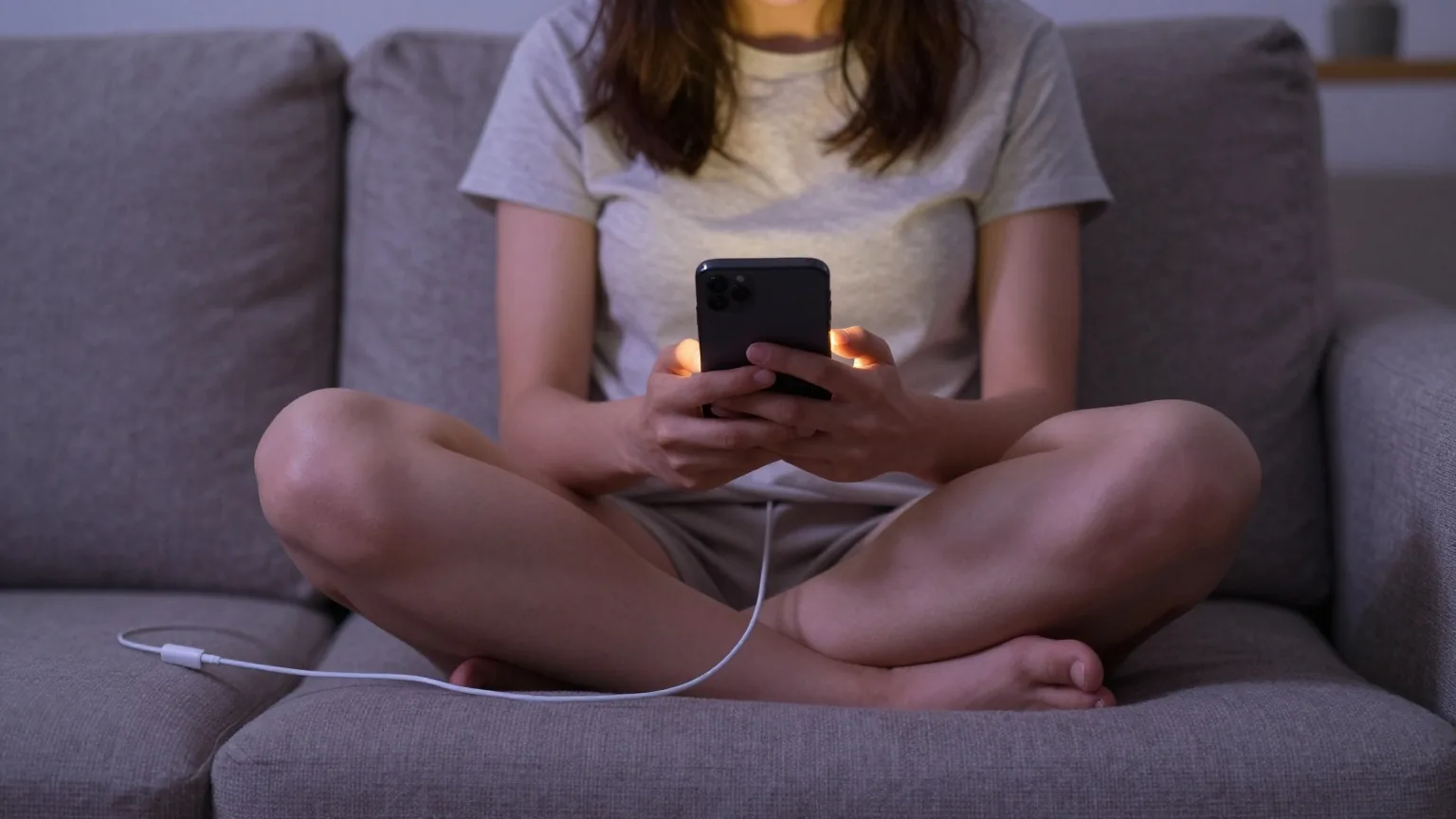 Frau sitzt abends im Schneidersitz auf dem Sofa mit einem Smartphone, neben ihr liegt ein Ladekabel