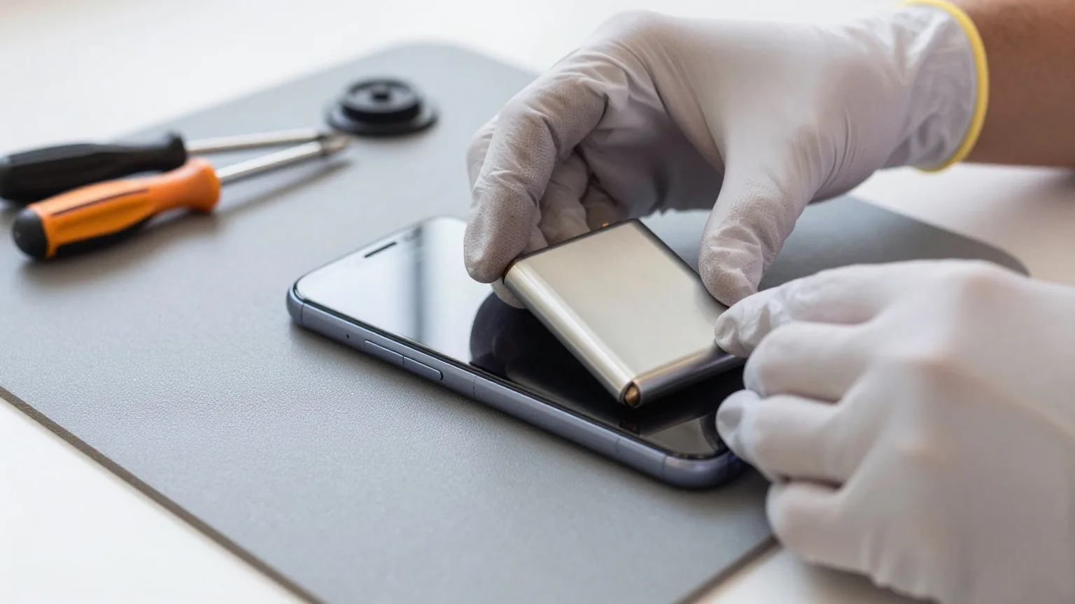 Hände in Handschuhen heben in einer Werkstatt den Akku aus einem geöffneten Smartphone, daneben feines Werkzeug