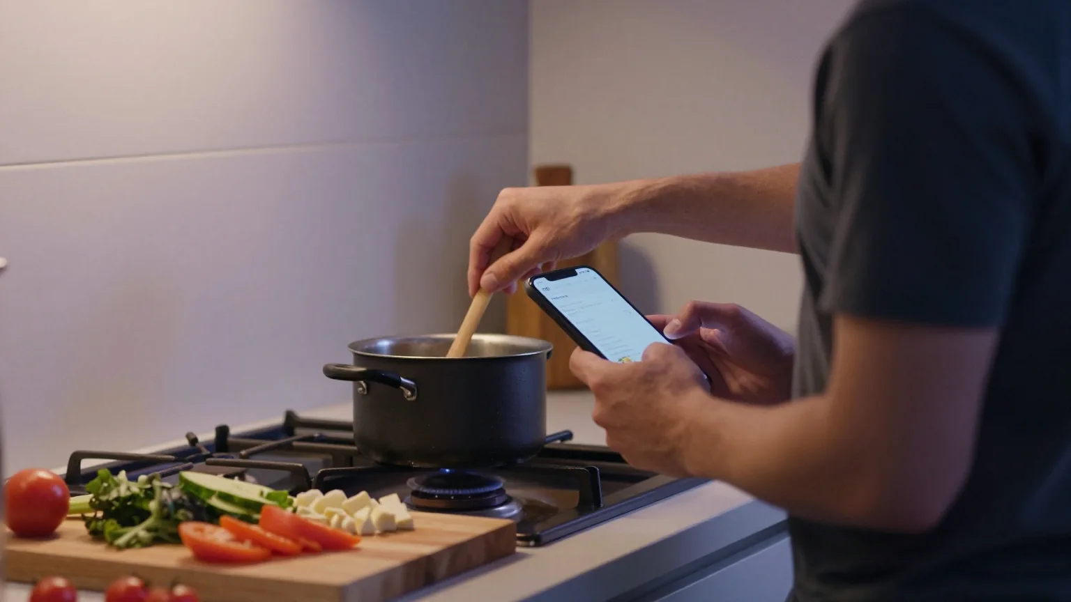 Mann rührt am Abend in der Küche in einem Topf und hält in der anderen Hand ein Smartphone
