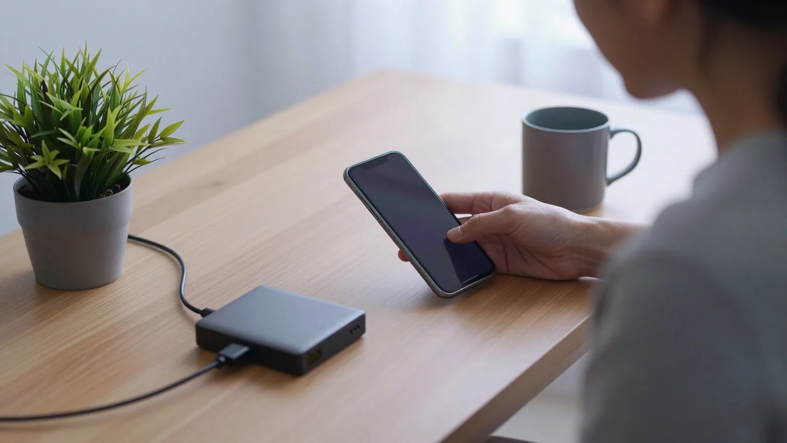 Frau verbindet an einem Holzschreibtisch ein Smartphone mit dunklem Display per Kabel mit einer kleinen externen Festplatte