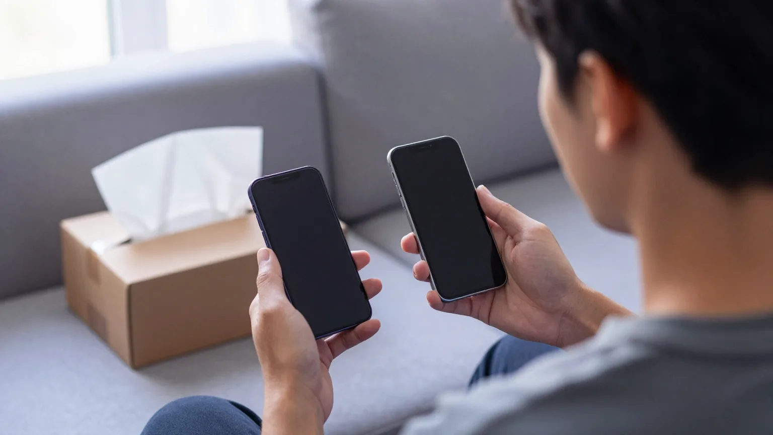 Junger Mann auf einem Sofa, von hinten gesehen, hält ein neues und ein älteres Smartphone, daneben ein geöffneter Karton