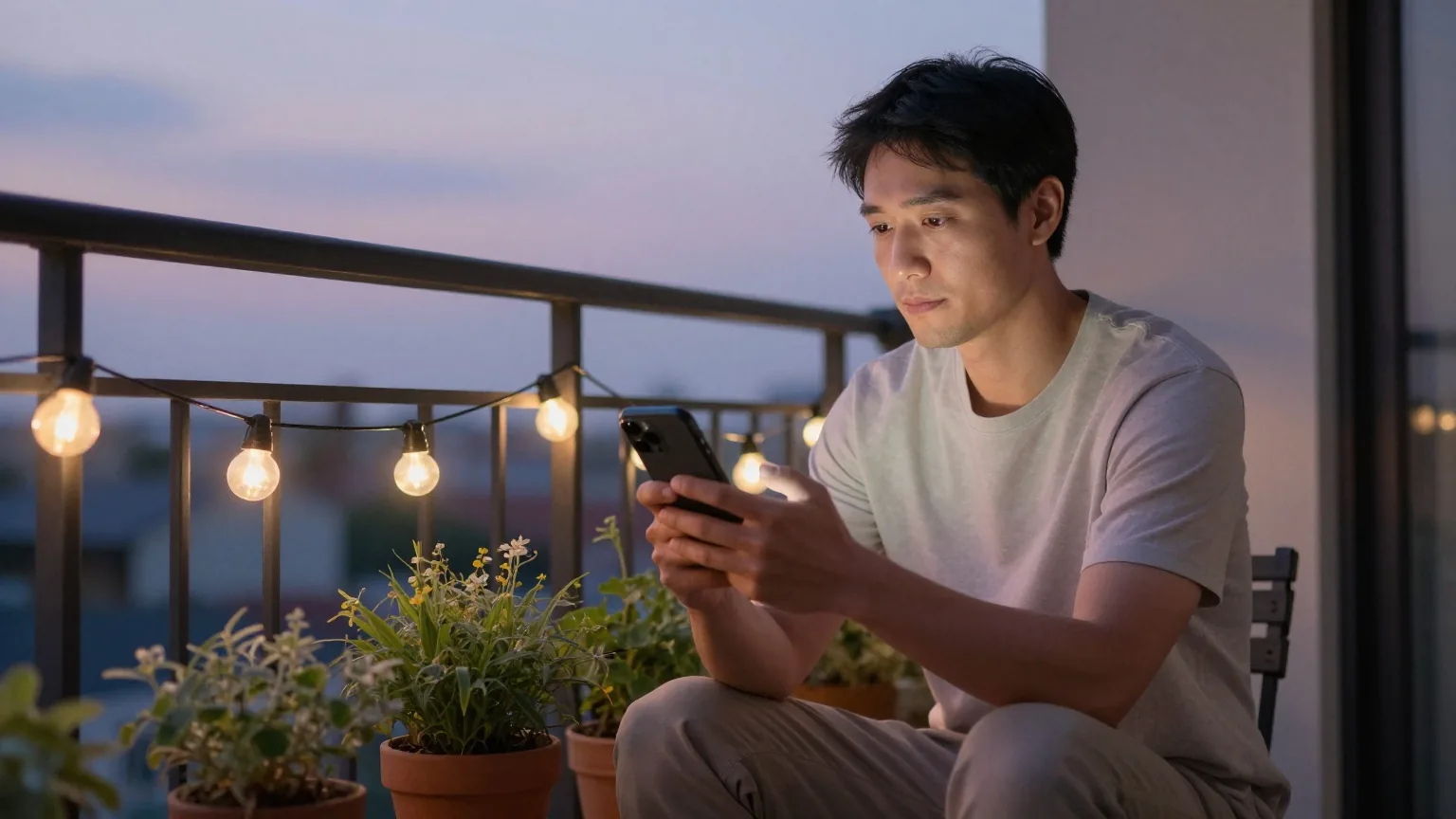 Mann sitzt in der Abenddämmerung auf einem Balkon mit Lichterkette und blickt nachdenklich auf sein Smartphone