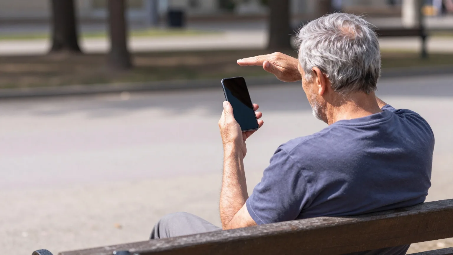 Älterer Mann sitzt in der Mittagssonne auf einer Parkbank und schirmt sein Smartphone mit der Hand gegen das Licht ab