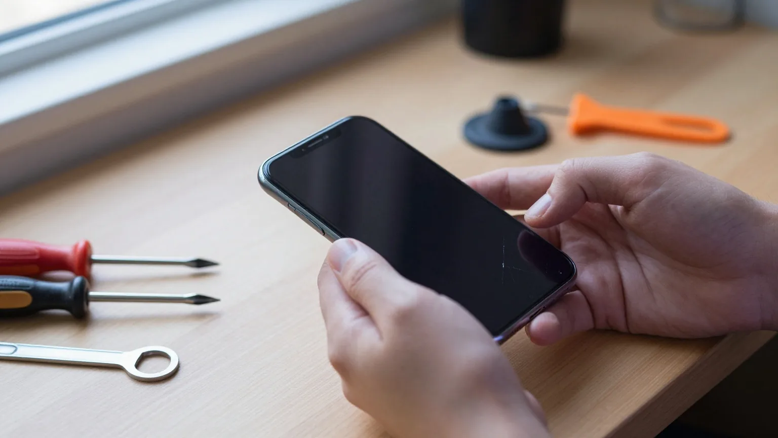 Zwei Hände halten über einer Werkbank ein Smartphone mit gesprungenem Glas, daneben liegen Schraubendreher und ein Saugnapf