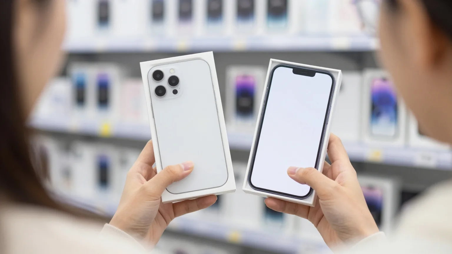 Frau vergleicht in einem Elektronikmarkt zwei Smartphone-Verpackungen, von hinten über die Schulter gesehen