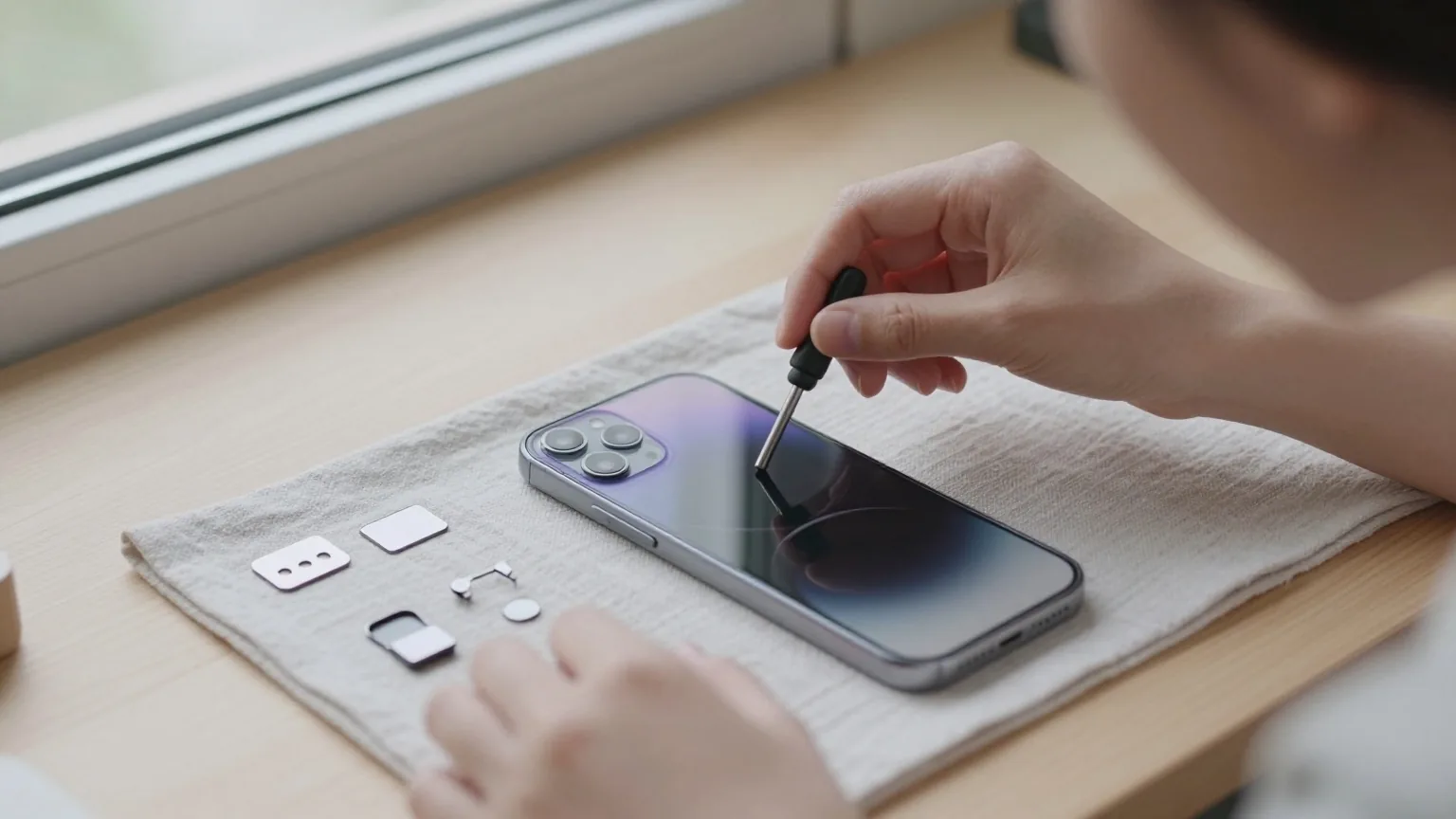 Frau tauscht an einer Werkbank mit einem kleinen Schraubendreher die Rückseite eines modularen Smartphones
