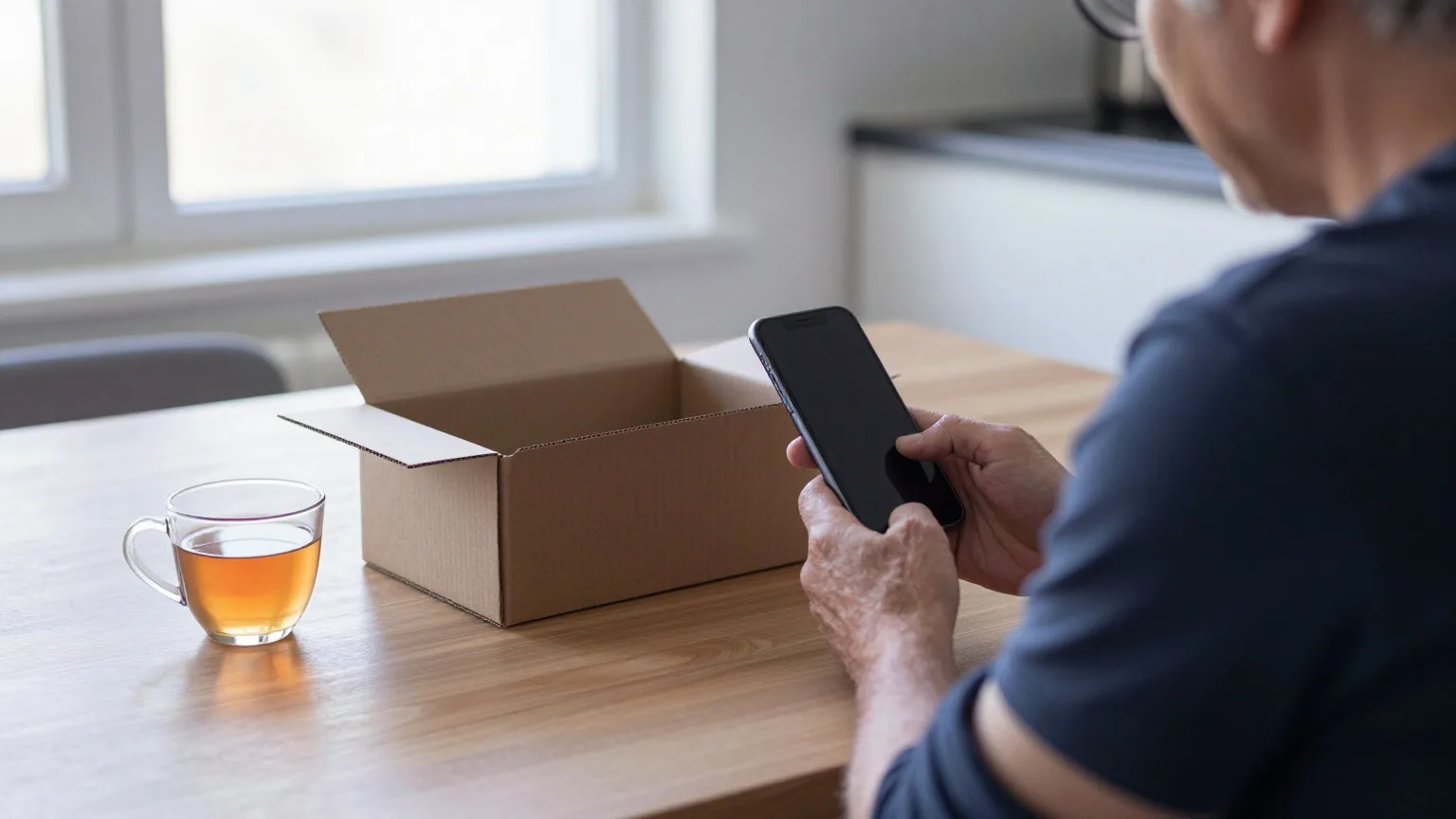 Älterer Mann sitzt am Küchentisch, hält ein Smartphone mit dunklem Display neben einem offenen Karton